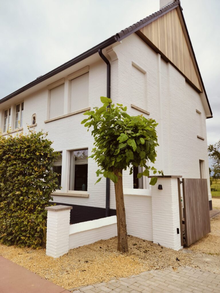 Wit gekaleide woning met houten gevelbekleding